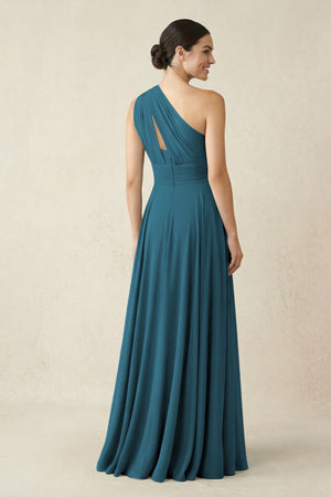 One - Shoulder A - Line Pleated Chiffon Bridesmaid Dress in Dark Teal - SHE IS ME Bridesmaid Dresses