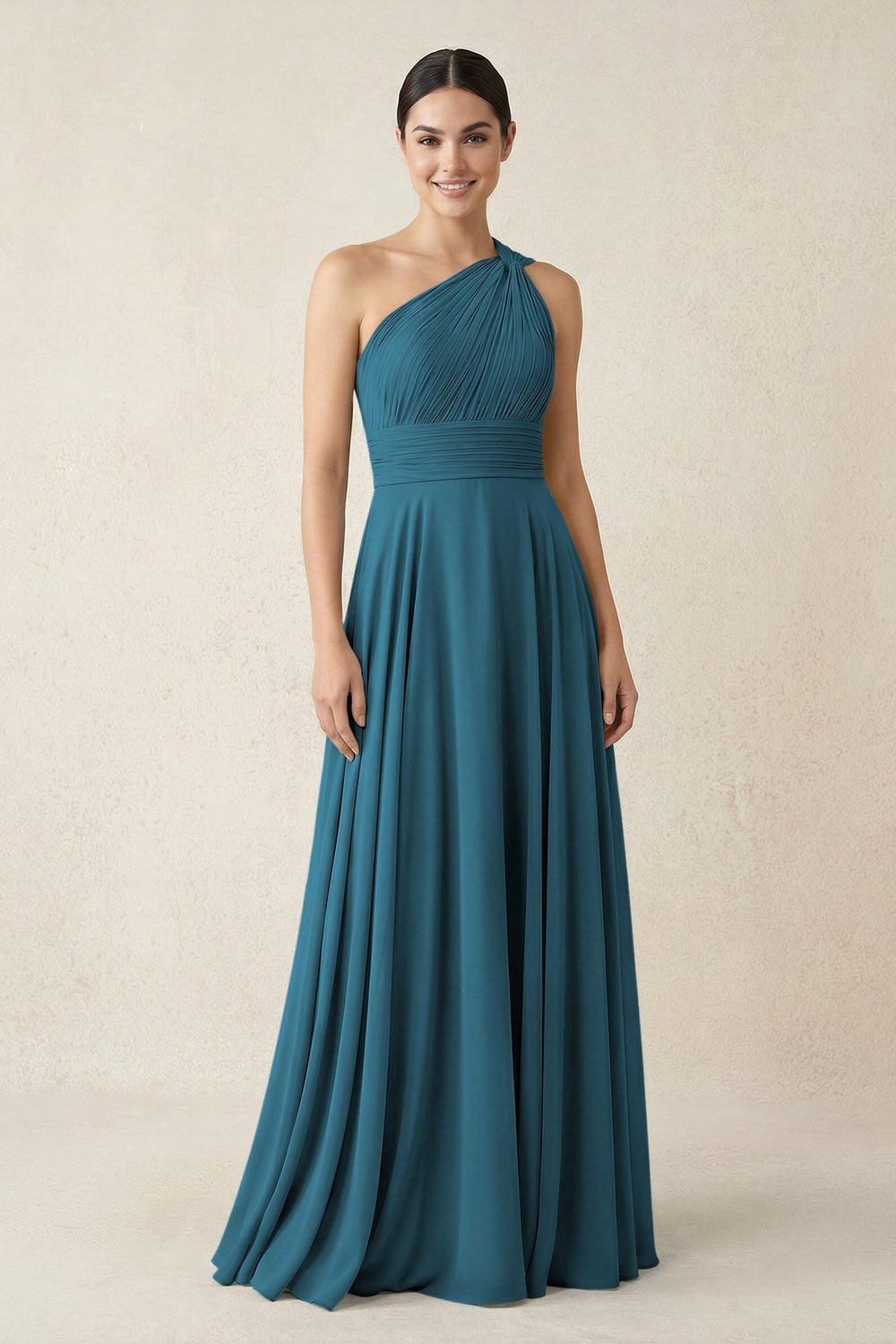One - Shoulder A - Line Pleated Chiffon Bridesmaid Dress in Dark Teal - KISS BRIDAL Bridesmaid Dresses