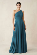 One - Shoulder A - Line Pleated Chiffon Bridesmaid Dress in Dark Teal - SHE IS ME Bridesmaid Dresses