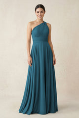 One - Shoulder A - Line Pleated Chiffon Bridesmaid Dress in Dark Teal - KISS BRIDAL Bridesmaid Dresses