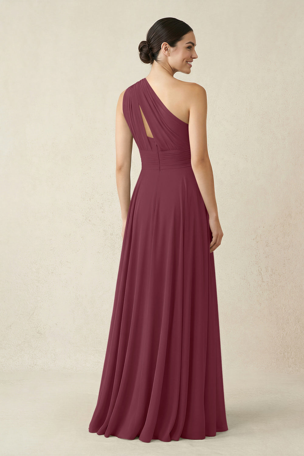 One-Shoulder A-Line Pleated Chiffon Bridesmaid Dress in Desert Rose
