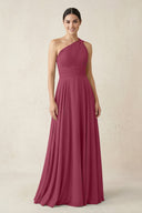 One - Shoulder A - Line Pleated Chiffon Bridesmaid Dress in Desert Rose - SHE IS ME Bridesmaid Dresses
