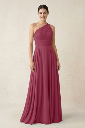 One - Shoulder A - Line Pleated Chiffon Bridesmaid Dress in Desert Rose - SHE IS ME Bridesmaid Dresses