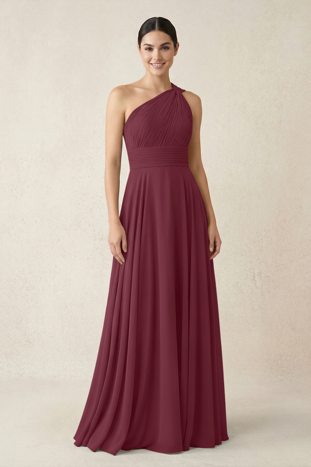 One-Shoulder A-Line Pleated Chiffon Bridesmaid Dress in Desert Rose