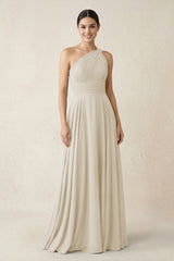 One - Shoulder A - Line Pleated Chiffon Bridesmaid Dress in Dove Gray - KISS BRIDAL Bridesmaid Dresses