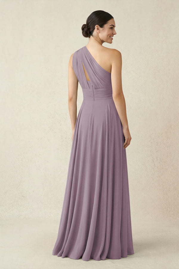 One-Shoulder A-Line Pleated Chiffon Bridesmaid Dress in Dusk (2) | KISSBRIDAL