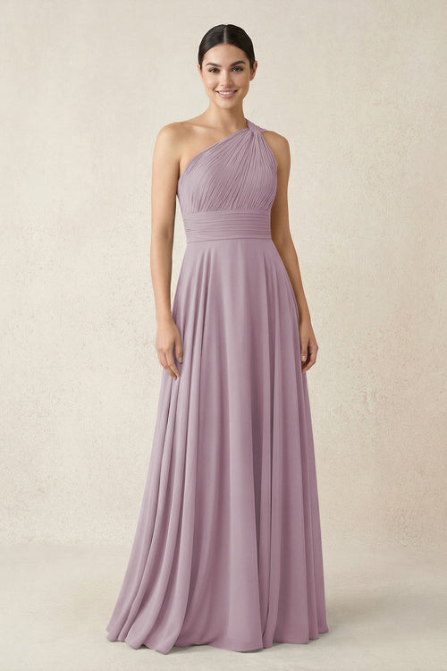 One - Shoulder A - Line Pleated Chiffon Bridesmaid Dress in Dusk - SHE IS ME Bridesmaid Dresses