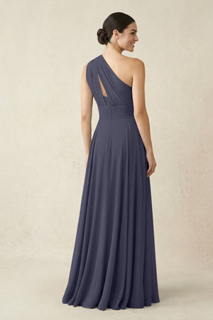 One - Shoulder A - Line Pleated Chiffon Bridesmaid Dress in Dusk Blue - SHE IS ME Bridesmaid Dresses