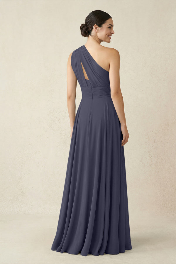 One - Shoulder A - Line Pleated Chiffon Bridesmaid Dress in Dusk Blue - SHE IS ME Bridesmaid Dresses
