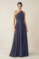 One - Shoulder A - Line Pleated Chiffon Bridesmaid Dress in Dusk Blue - SHE IS ME Bridesmaid Dresses
