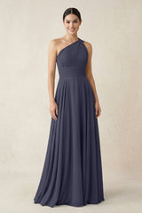 One - Shoulder A - Line Pleated Chiffon Bridesmaid Dress in Dusk Blue - KISS BRIDAL Bridesmaid Dresses