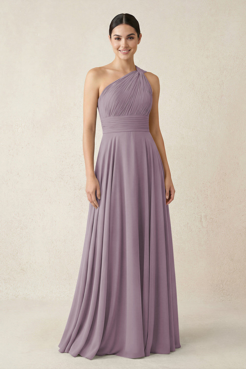 One-Shoulder A-Line Pleated Chiffon Bridesmaid Dress in Dusk