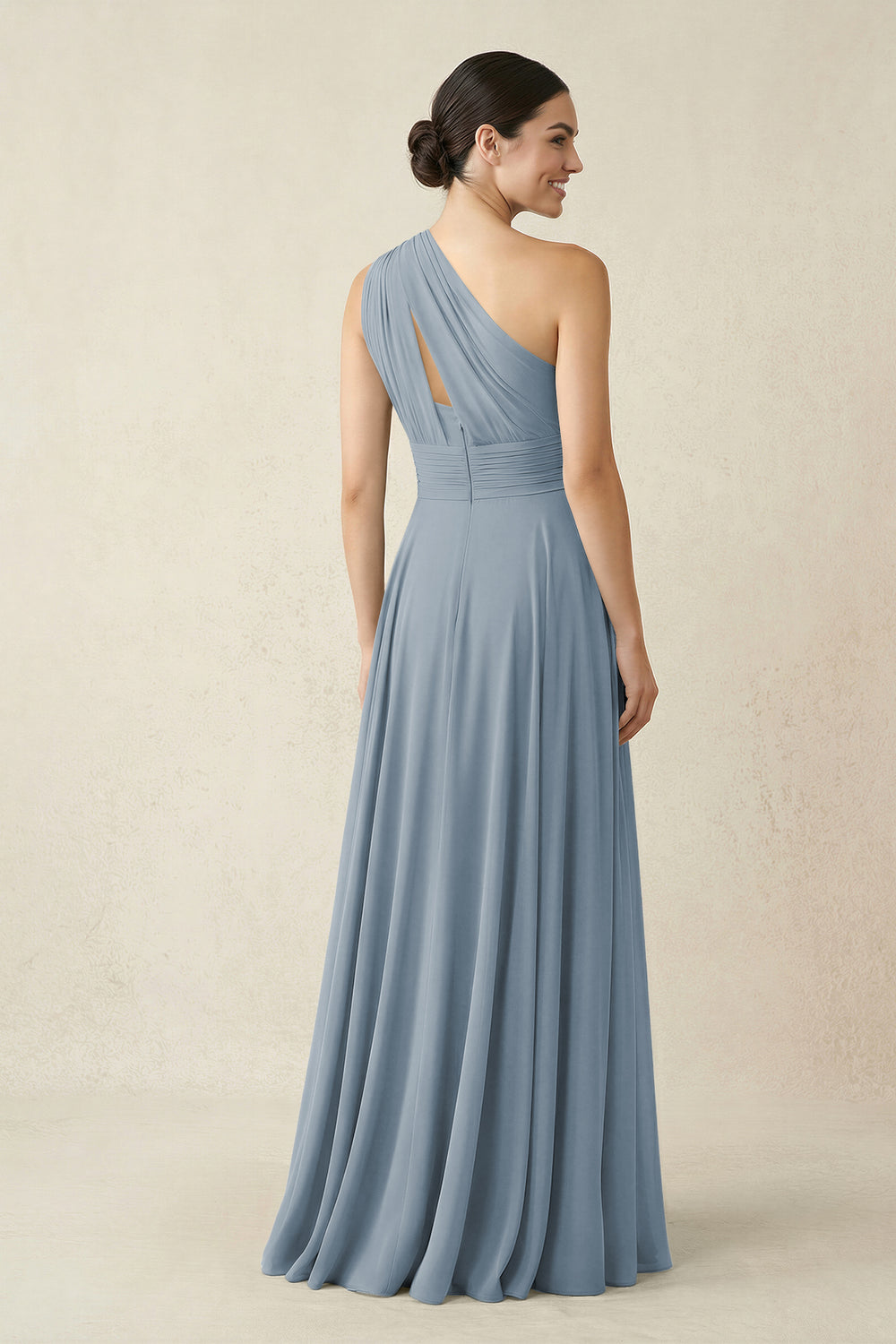 One-Shoulder A-Line Pleated Chiffon Bridesmaid Dress in Dusty Blue