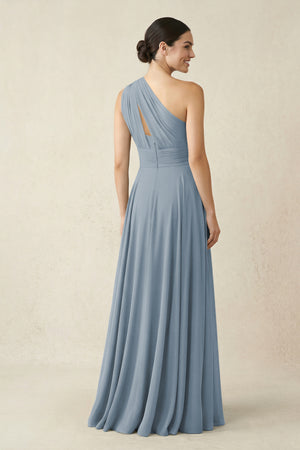 One-Shoulder A-Line Pleated Chiffon Bridesmaid Dress in Dusty Blue (2) | KISSBRIDAL