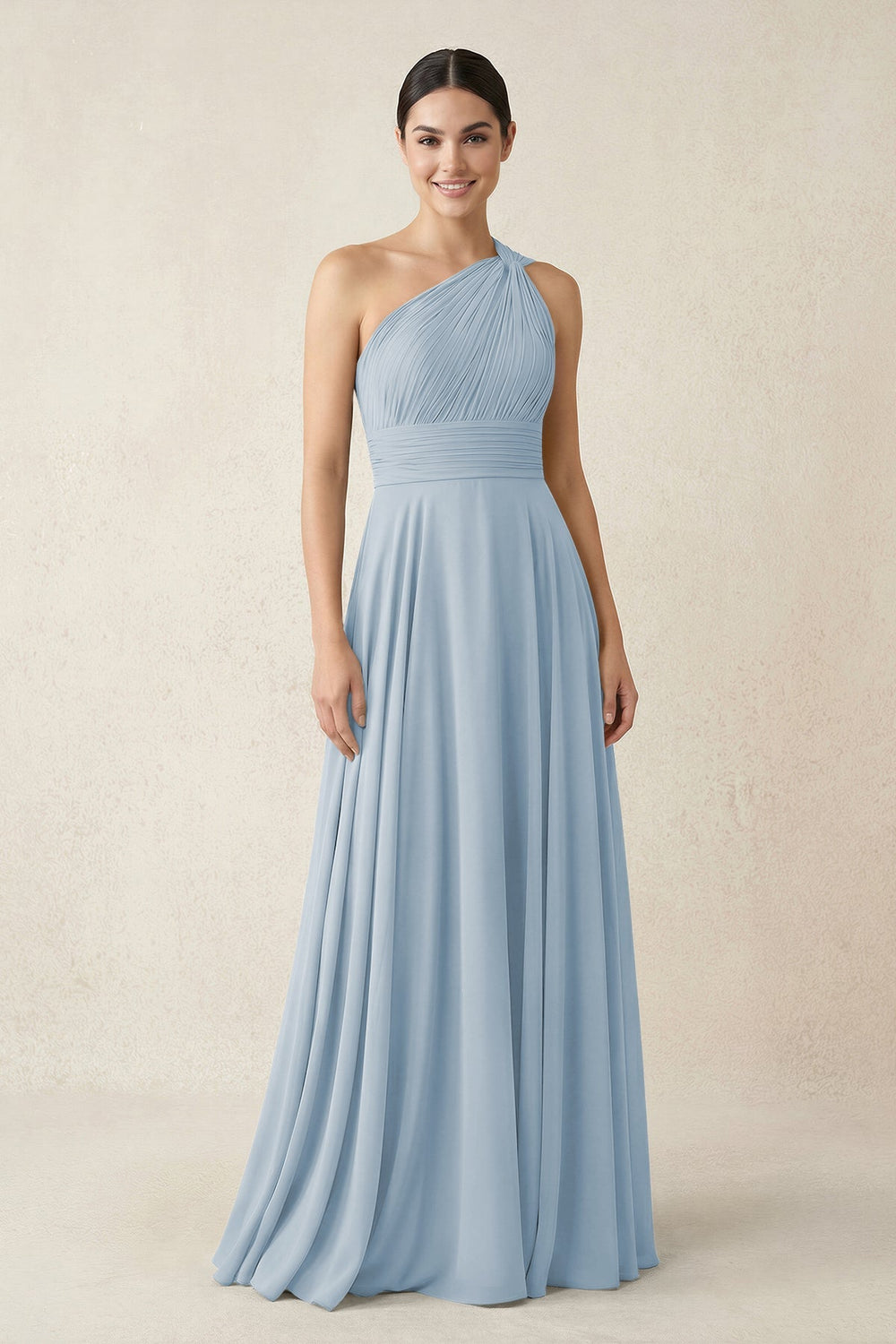 One - Shoulder A - Line Pleated Chiffon Bridesmaid Dress in Dusty Blue - KISS BRIDAL Bridesmaid Dresses