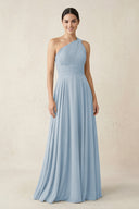 One - Shoulder A - Line Pleated Chiffon Bridesmaid Dress in Dusty Blue - SHE IS ME Bridesmaid Dresses