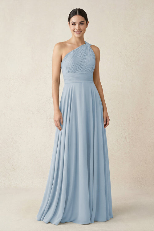 One - Shoulder A - Line Pleated Chiffon Bridesmaid Dress in Dusty Blue - SHE IS ME Bridesmaid Dresses