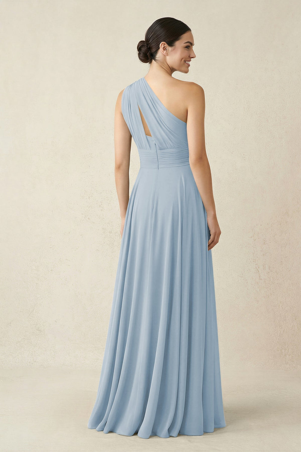 One - Shoulder A - Line Pleated Chiffon Bridesmaid Dress in Dusty Blue - KISS BRIDAL Bridesmaid Dresses