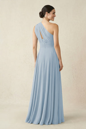 One - Shoulder A - Line Pleated Chiffon Bridesmaid Dress in Dusty Blue - SHE IS ME Bridesmaid Dresses