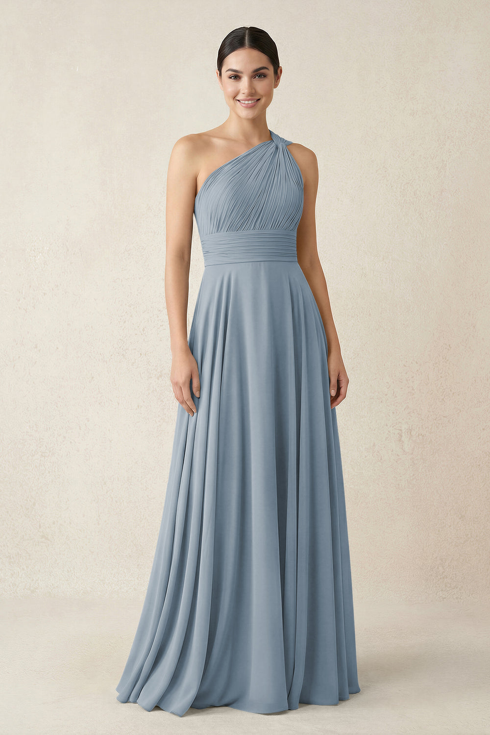 One-Shoulder A-Line Pleated Chiffon Bridesmaid Dress in Dusty Blue