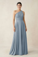 One-Shoulder A-Line Pleated Chiffon Bridesmaid Dress in Dusty Blue | KISSBRIDAL