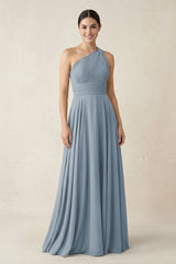One-Shoulder A-Line Pleated Chiffon Bridesmaid Dress in Dusty Blue | KISSBRIDAL