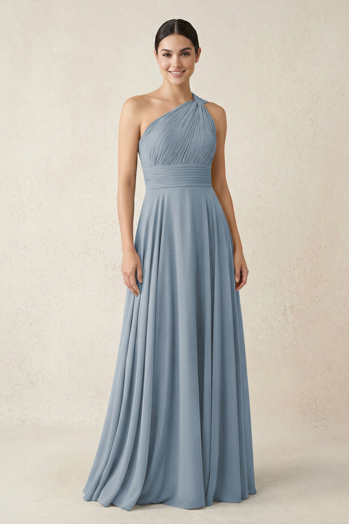 One-Shoulder A-Line Pleated Chiffon Bridesmaid Dress in Dusty Blue | KISSBRIDAL