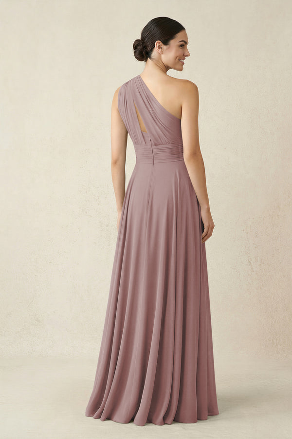 One-Shoulder A-Line Pleated Chiffon Bridesmaid Dress in Dusty Rose (2) | KISSBRIDAL