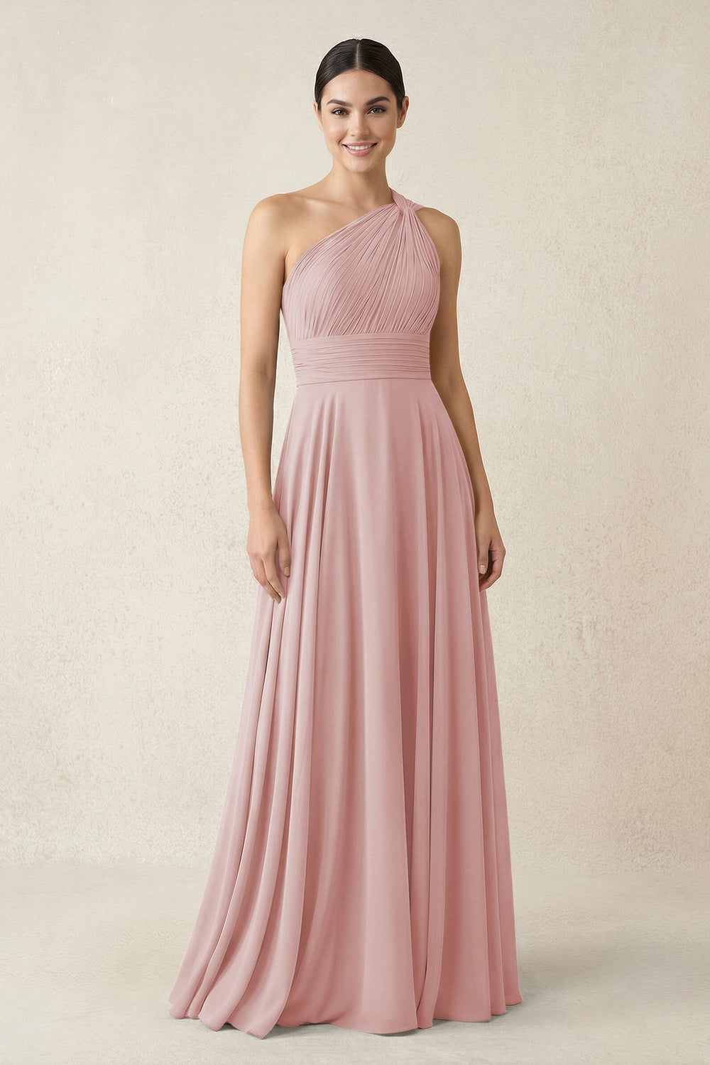 One - Shoulder A - Line Pleated Chiffon Bridesmaid Dress in Dusty Rose - KISS BRIDAL Bridesmaid Dresses