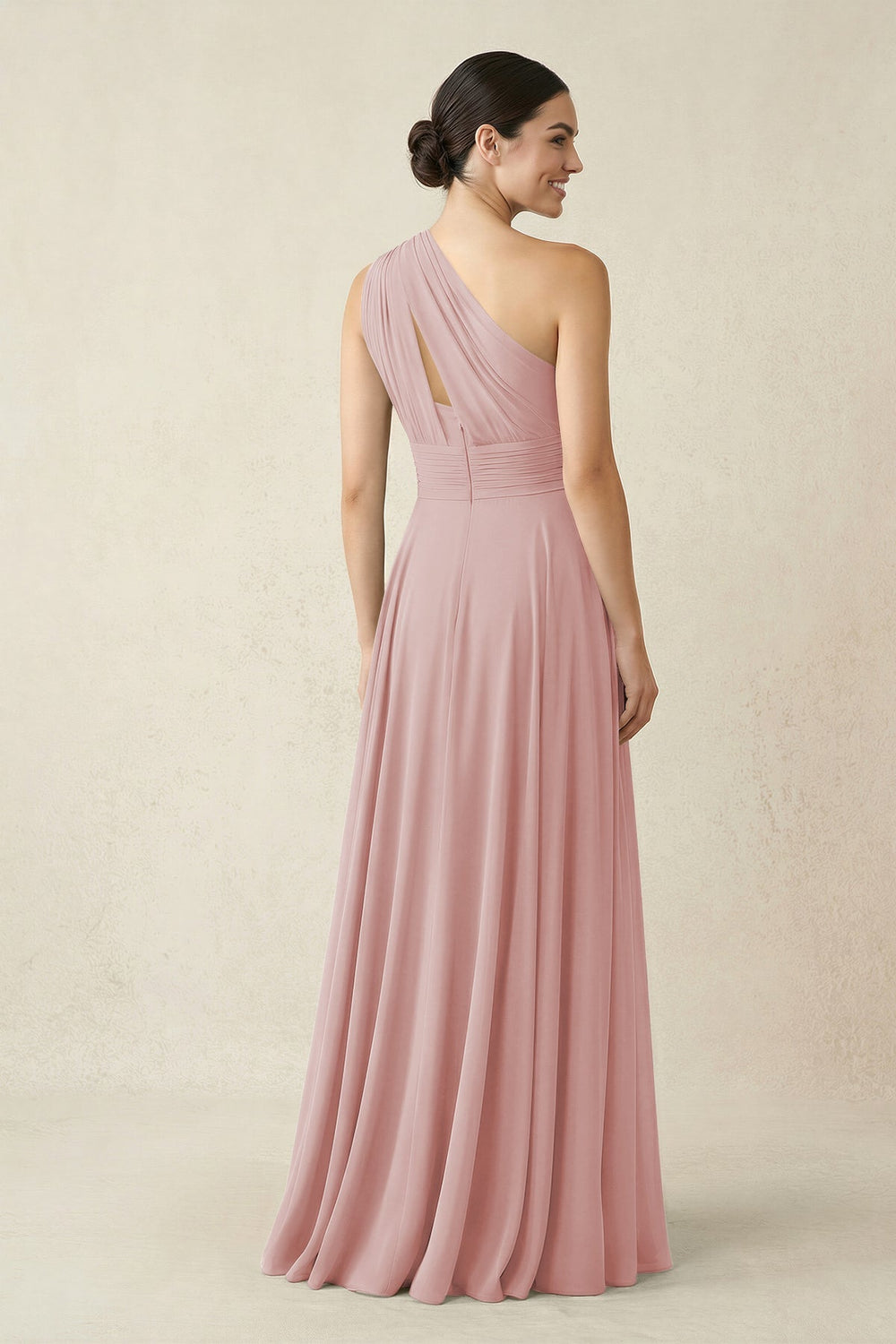 One - Shoulder A - Line Pleated Chiffon Bridesmaid Dress in Dusty Rose - KISS BRIDAL Bridesmaid Dresses