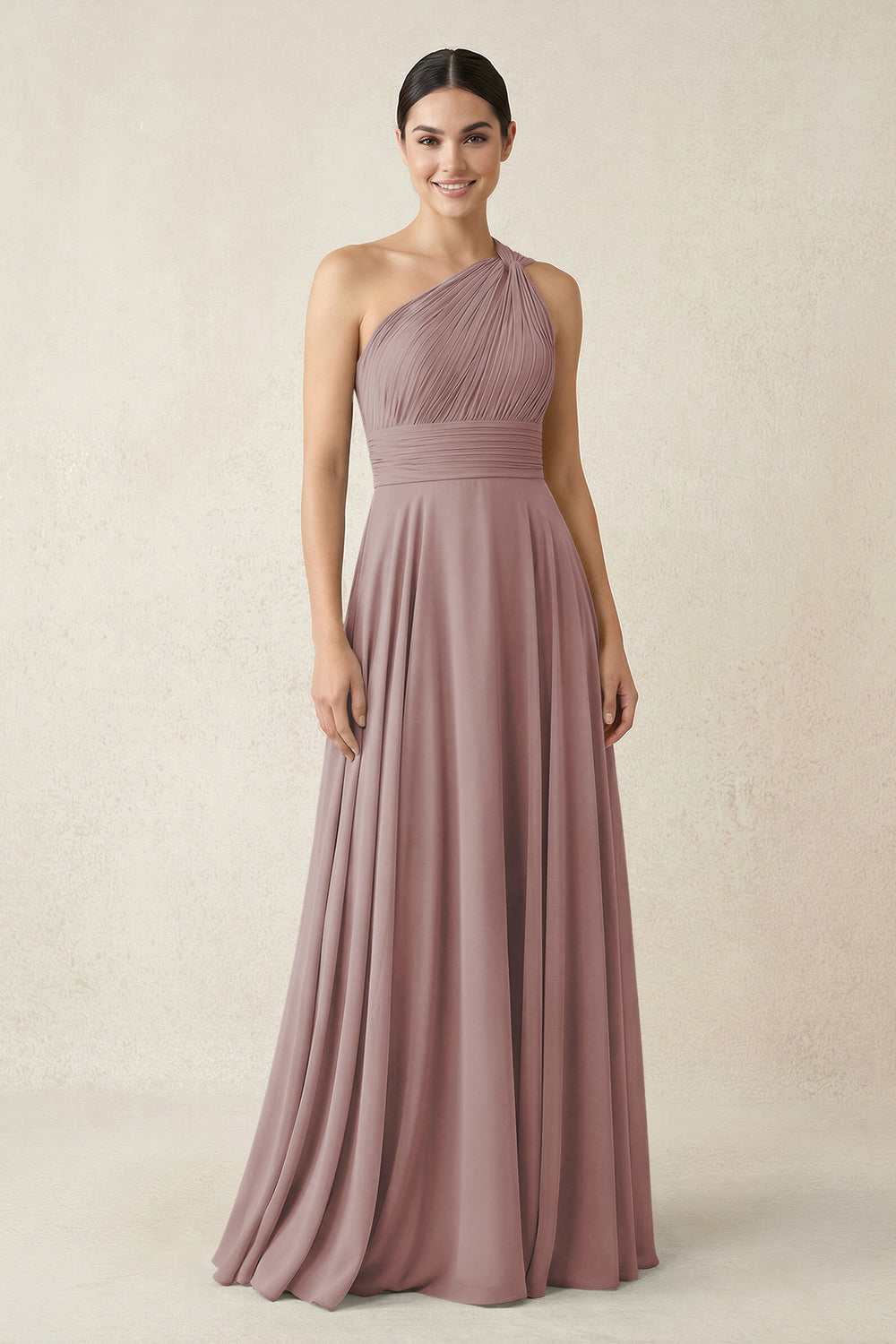 One-Shoulder A-Line Pleated Chiffon Bridesmaid Dress in Dusty Rose