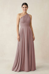 One-Shoulder A-Line Pleated Chiffon Bridesmaid Dress in Dusty Rose | KISSBRIDAL