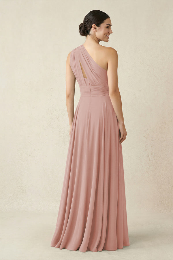 One-Shoulder A-Line Pleated Chiffon Bridesmaid Dress in English Rose (2) | KISSBRIDAL