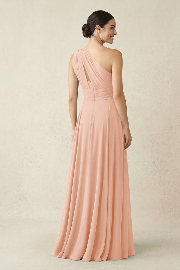 One - Shoulder A - Line Pleated Chiffon Bridesmaid Dress in English Rose - SHE IS ME Bridesmaid Dresses