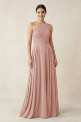 One-Shoulder A-Line Pleated Chiffon Bridesmaid Dress in English Rose | KISSBRIDAL