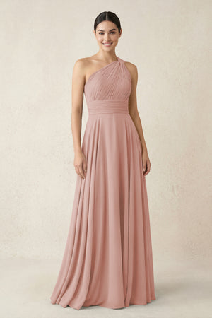 One-Shoulder A-Line Pleated Chiffon Bridesmaid Dress in English Rose | KISSBRIDAL