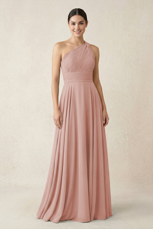 One-Shoulder A-Line Pleated Chiffon Bridesmaid Dress in English Rose | KISSBRIDAL