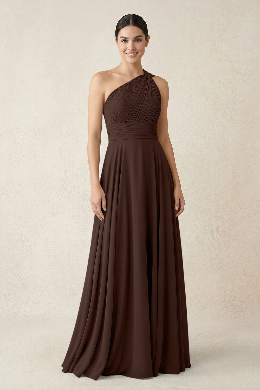 One - Shoulder A - Line Pleated Chiffon Bridesmaid Dress in Espresso - KISS BRIDAL Bridesmaid Dresses