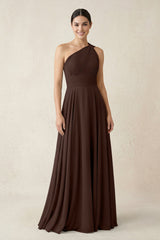 One - Shoulder A - Line Pleated Chiffon Bridesmaid Dress in Espresso - KISS BRIDAL Bridesmaid Dresses