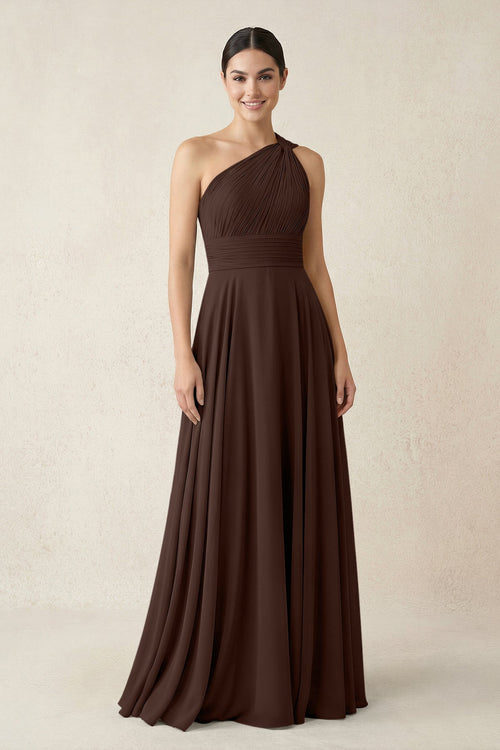 One - Shoulder A - Line Pleated Chiffon Bridesmaid Dress in Espresso - SHE IS ME Bridesmaid Dresses