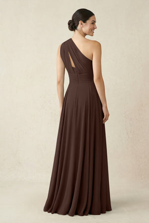 One - Shoulder A - Line Pleated Chiffon Bridesmaid Dress in Espresso - SHE IS ME Bridesmaid Dresses
