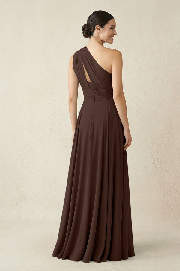 One - Shoulder A - Line Pleated Chiffon Bridesmaid Dress in Espresso - SHE IS ME Bridesmaid Dresses