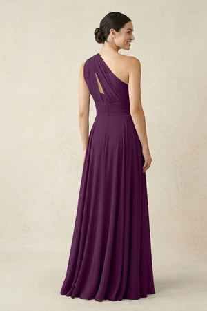 One-Shoulder A-Line Pleated Chiffon Bridesmaid Dress in Fig (2) | KISSBRIDAL