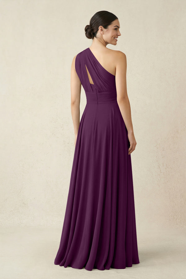 One-Shoulder A-Line Pleated Chiffon Bridesmaid Dress in Fig (2) | KISSBRIDAL