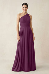 One - Shoulder A - Line Pleated Chiffon Bridesmaid Dress in Fig - KISS BRIDAL Bridesmaid Dresses