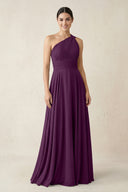One-Shoulder A-Line Pleated Chiffon Bridesmaid Dress in Fig | KISSBRIDAL