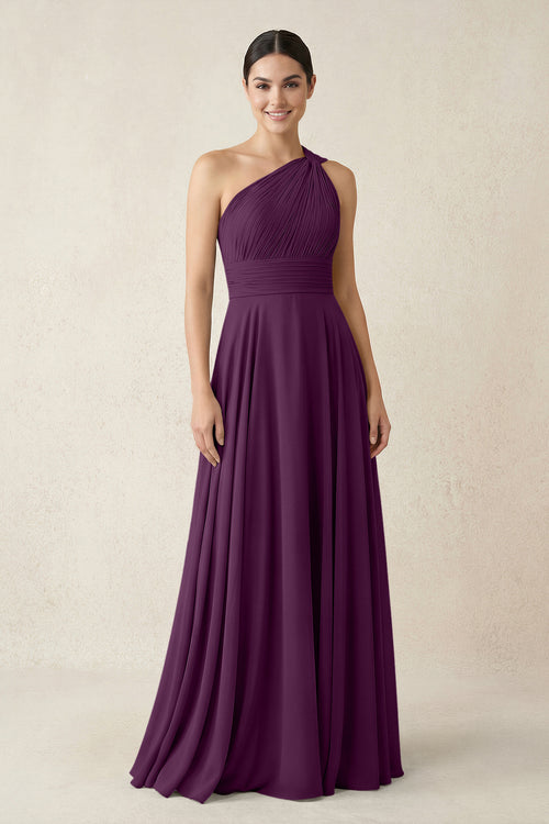 One-Shoulder A-Line Pleated Chiffon Bridesmaid Dress in Fig | KISSBRIDAL