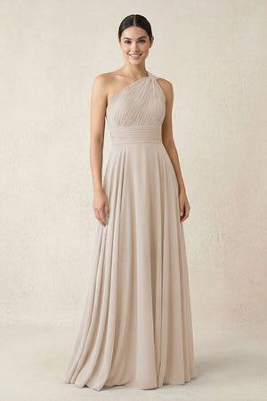 One - Shoulder A - Line Pleated Chiffon Bridesmaid Dress in Frost - SHE IS ME Bridesmaid Dresses