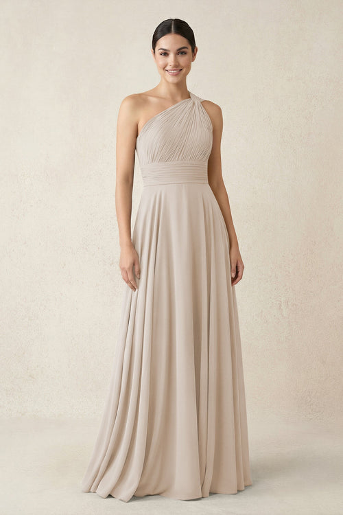 One - Shoulder A - Line Pleated Chiffon Bridesmaid Dress in Frost - SHE IS ME Bridesmaid Dresses
