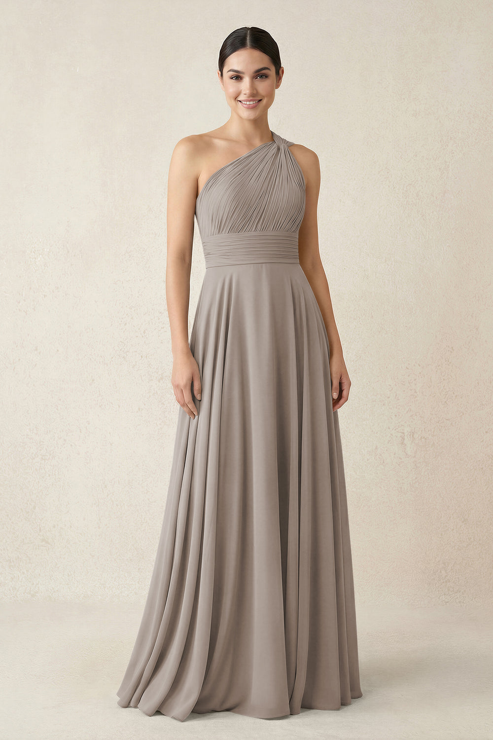One-Shoulder A-Line Pleated Chiffon Bridesmaid Dress in Frost